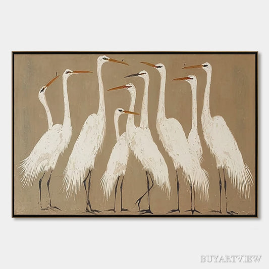 BUYARTVIEW the Gathering – Elegant White Egret Flock Animal Oil Painting - image 1
