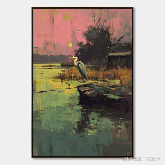 BUYARTVIEW Heron'S Repose – Expressive Vertical Wildlife Painting of a Heron at Sunset - image 1
