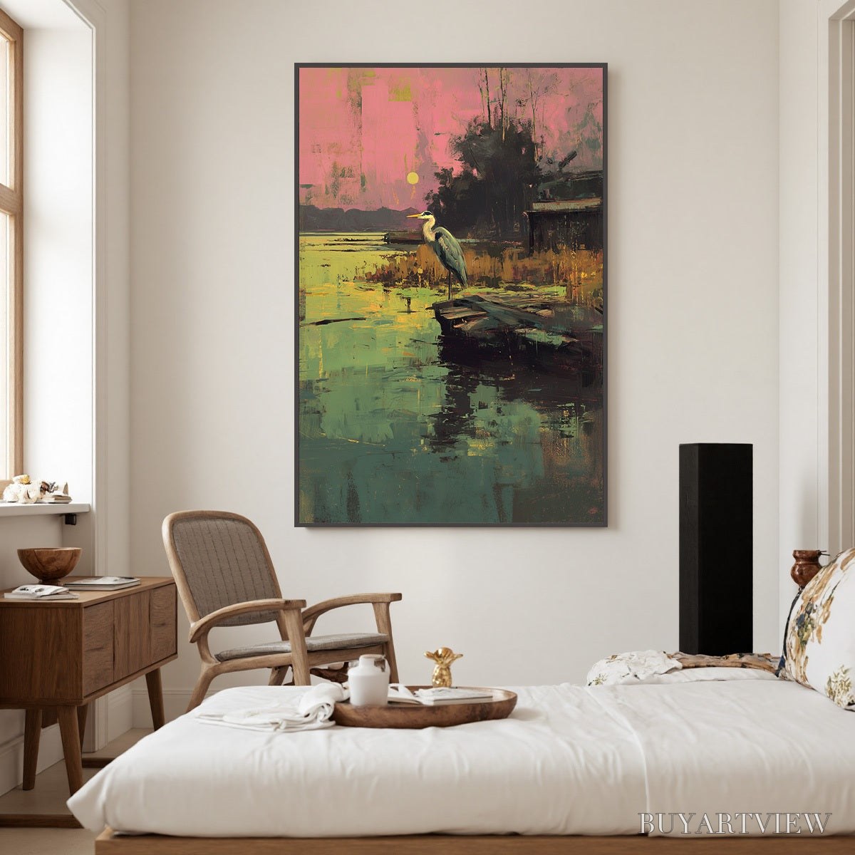 BUYARTVIEW Heron'S Repose – Expressive Vertical Wildlife Painting of a Heron at Sunset - image 2