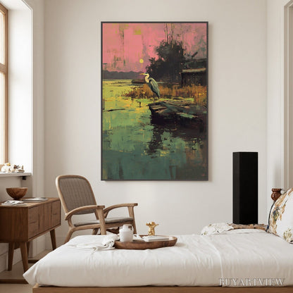 BUYARTVIEW Heron'S Repose – Expressive Vertical Wildlife Painting of a Heron at Sunset - image 2