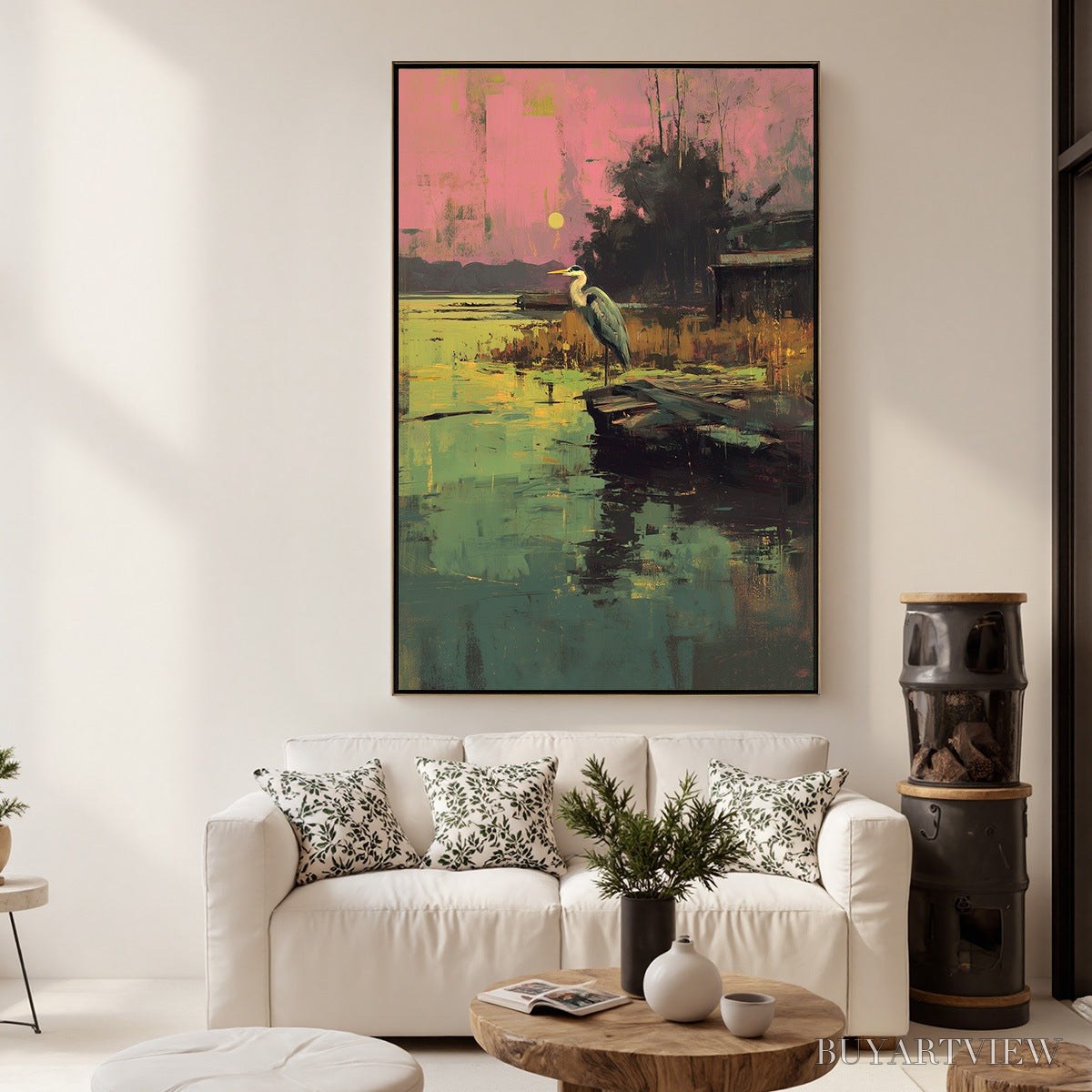 BUYARTVIEW Heron'S Repose – Expressive Vertical Wildlife Painting of a Heron at Sunset - image 4