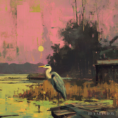 BUYARTVIEW Heron'S Repose – Expressive Vertical Wildlife Painting of a Heron at Sunset - image 5