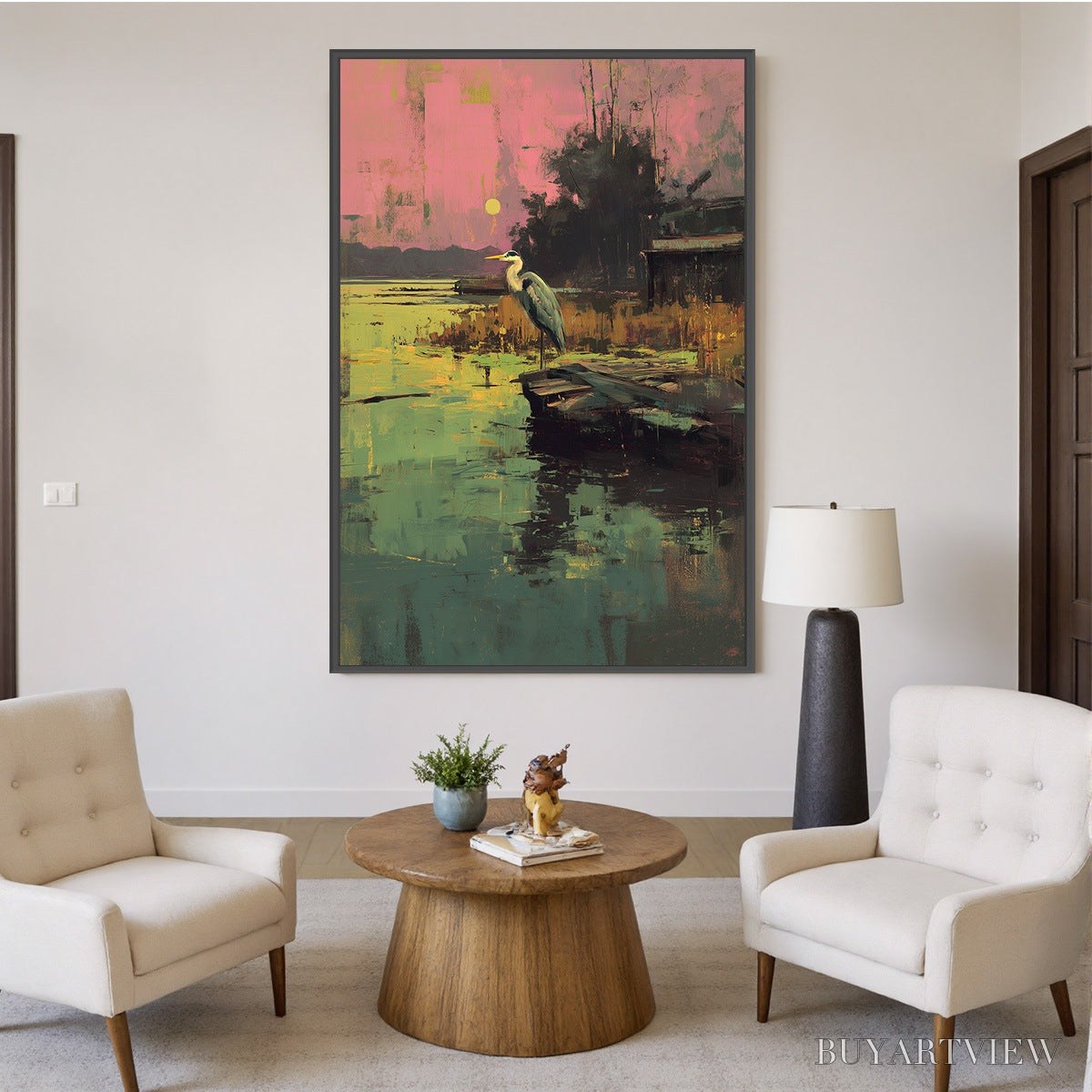 BUYARTVIEW Heron'S Repose – Expressive Vertical Wildlife Painting of a Heron at Sunset - image 6