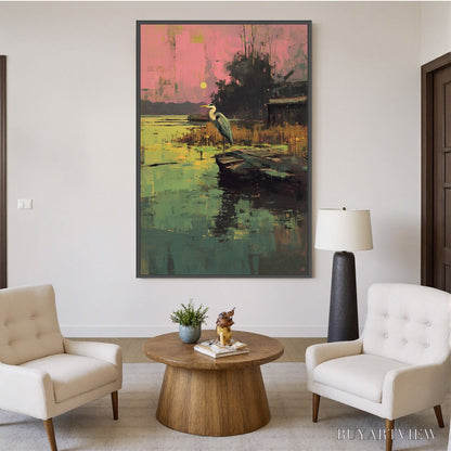 BUYARTVIEW Heron'S Repose – Expressive Vertical Wildlife Painting of a Heron at Sunset - image 6