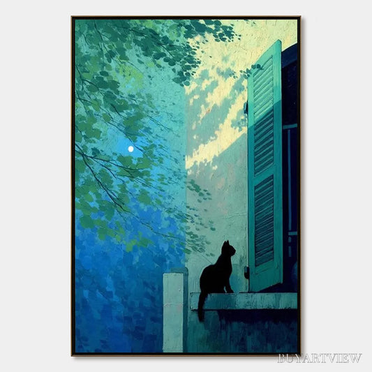 BUYARTVIEW Twilight Perch – Minimalist Night Window Cat Oil Painting - image 1