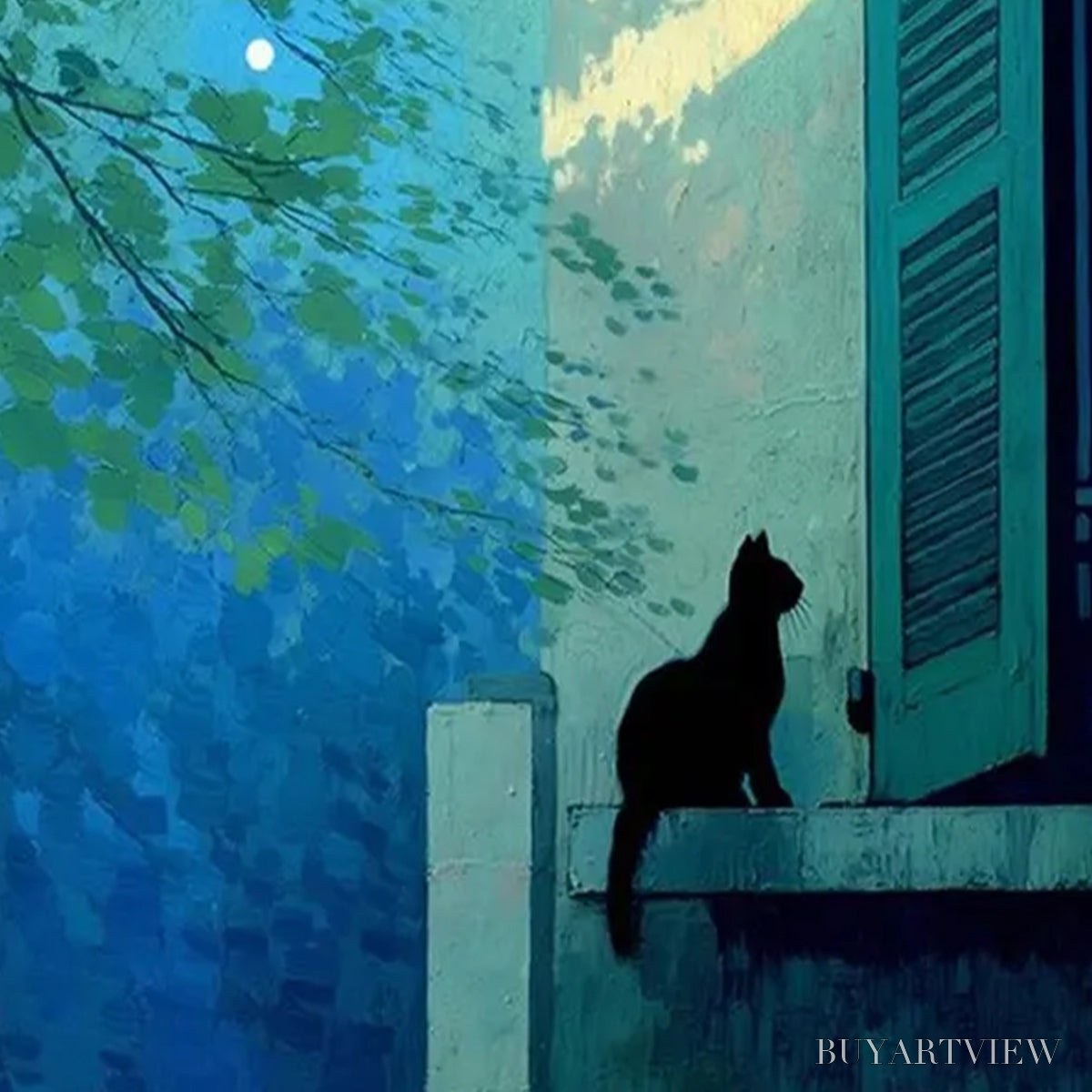 BUYARTVIEW Twilight Perch – Minimalist Night Window Cat Oil Painting - image 3
