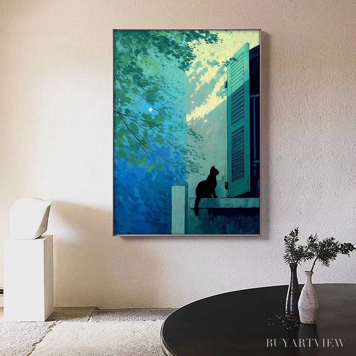 BUYARTVIEW Twilight Perch – Minimalist Night Window Cat Oil Painting - image 4
