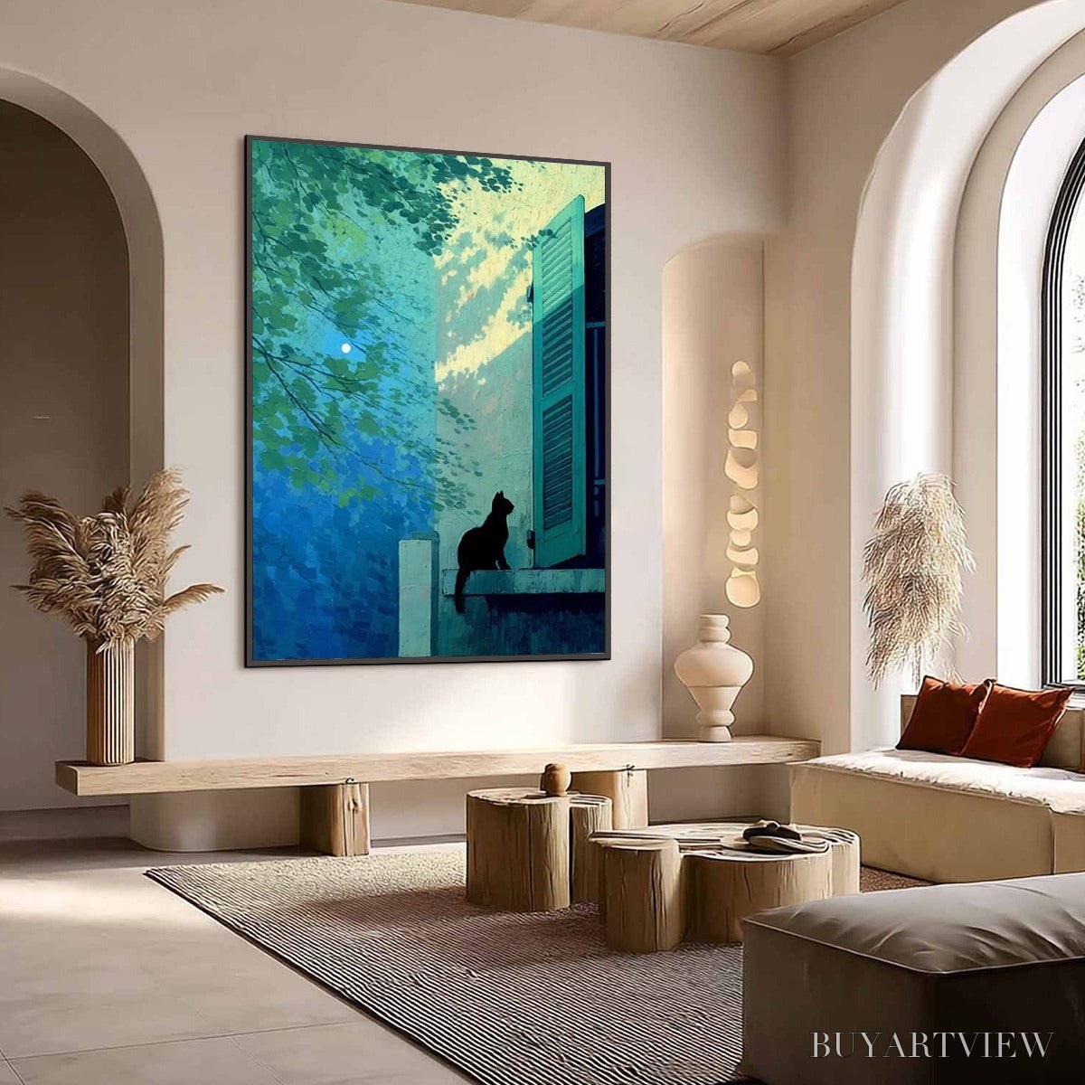 BUYARTVIEW Twilight Perch – Minimalist Night Window Cat Oil Painting - image 6