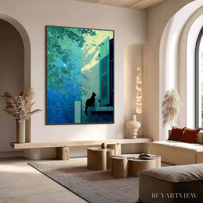 BUYARTVIEW Twilight Perch – Minimalist Night Window Cat Oil Painting - image 6