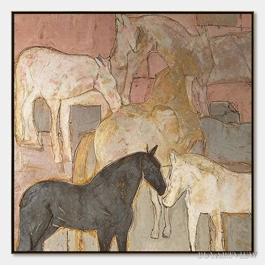 BUYARTVIEW Herd Whispers – Figurative Textured Horse Painting - image 1