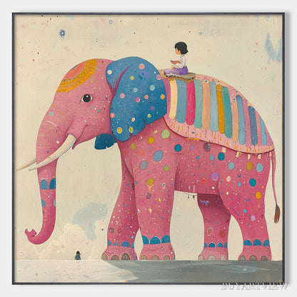 BUYARTVIEW Elephant Dreams – Whimsical Pink Elephant and Child Oil Painting - image 1