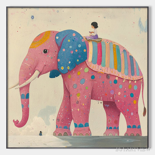 BUYARTVIEW Elephant Dreams – Whimsical Pink Elephant and Child Oil Painting - image 1