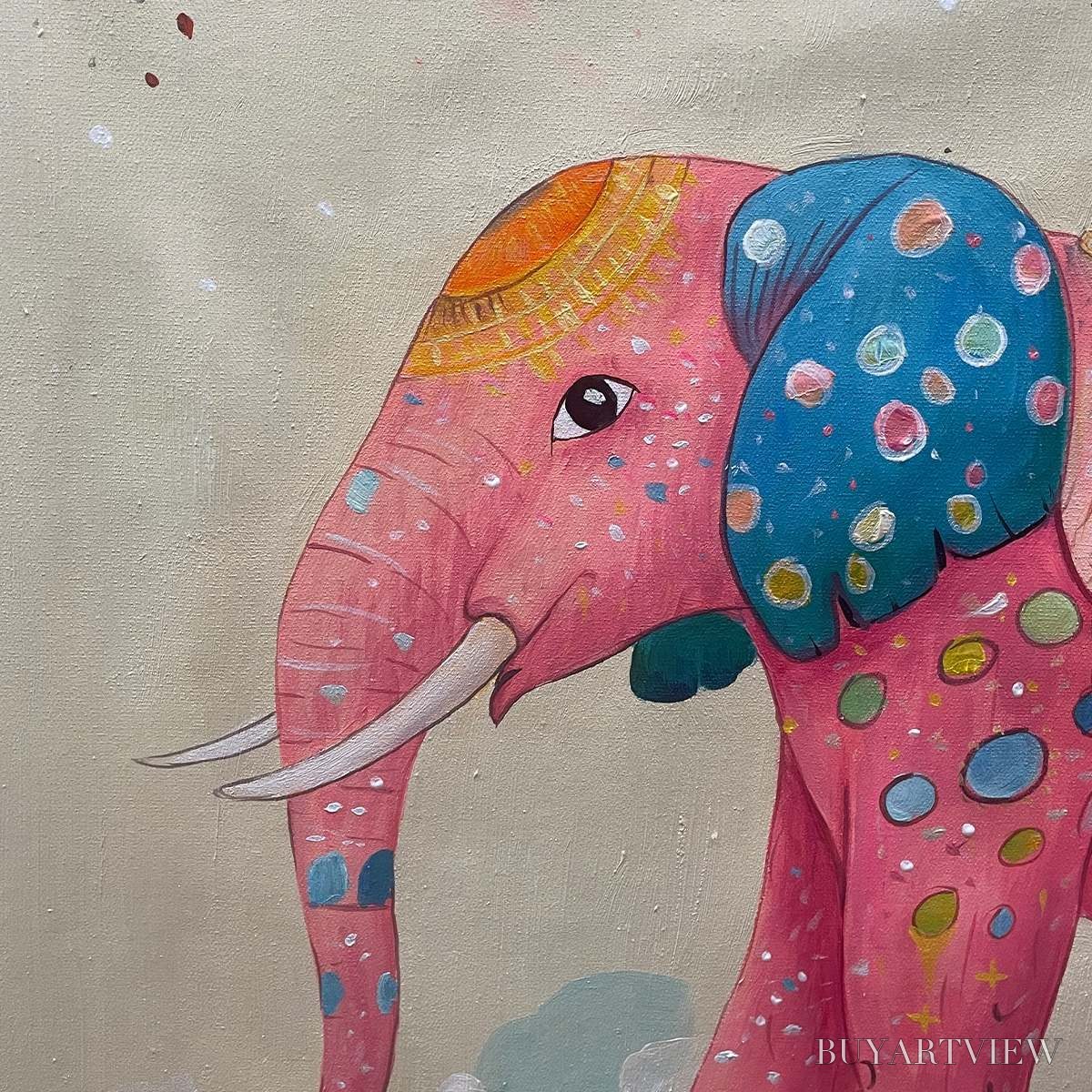 BUYARTVIEW Elephant Dreams – Whimsical Pink Elephant and Child Oil Painting - image 3