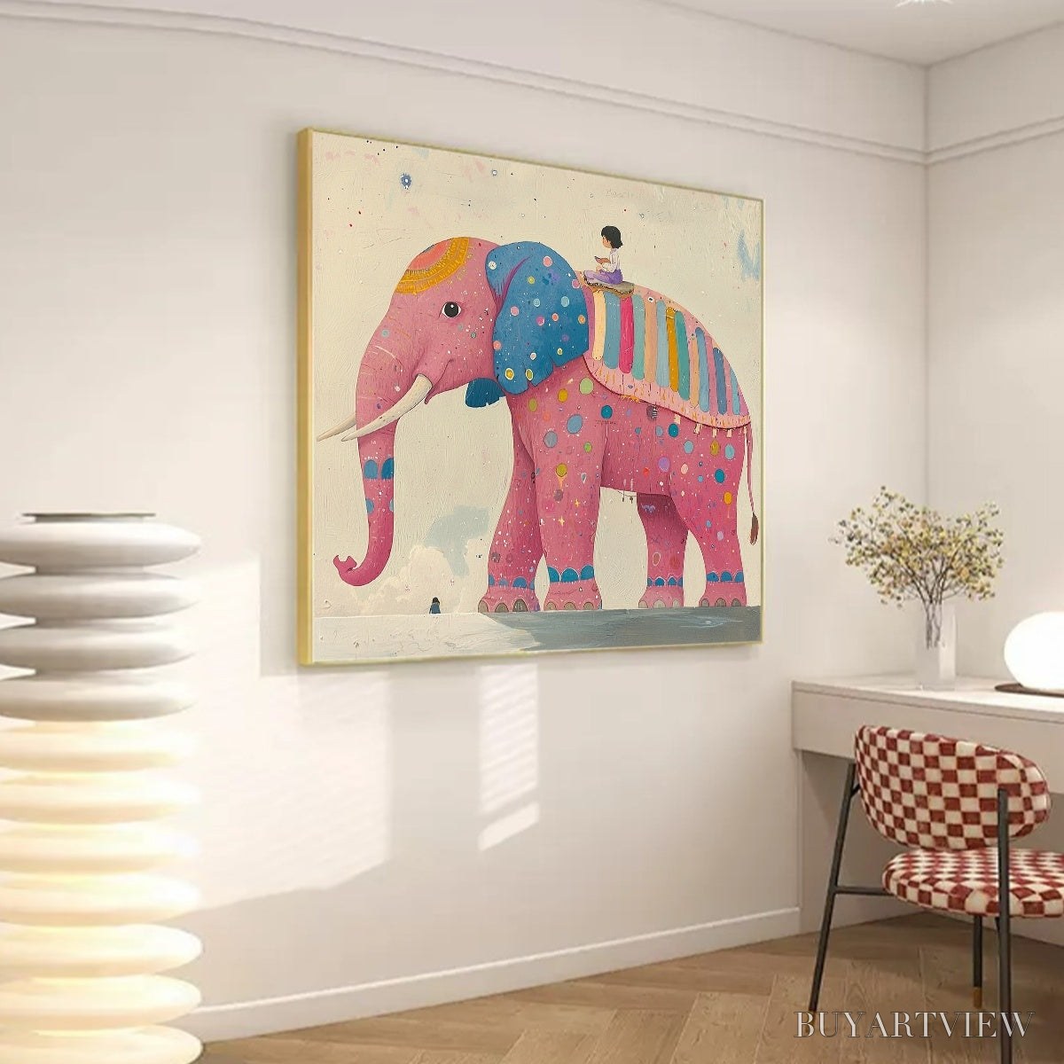BUYARTVIEW Elephant Dreams – Whimsical Pink Elephant and Child Oil Painting - image 4