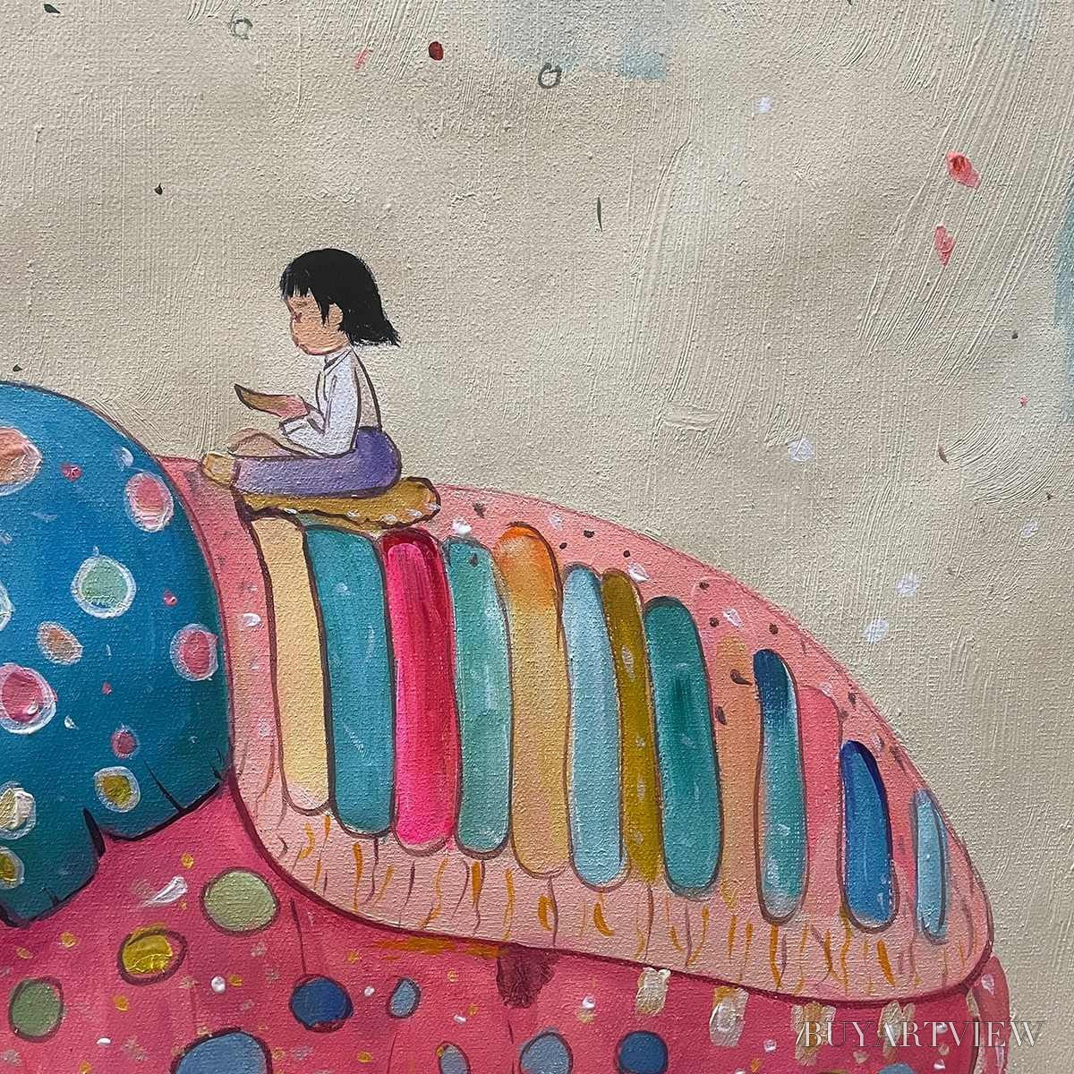 BUYARTVIEW Elephant Dreams – Whimsical Pink Elephant and Child Oil Painting - image 5