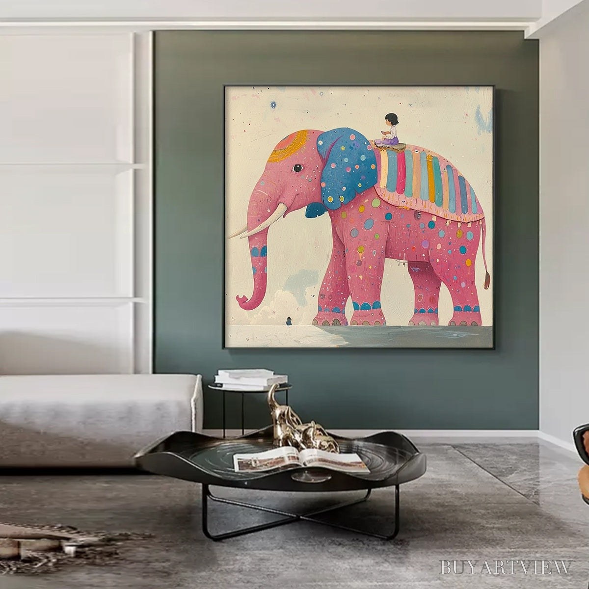 BUYARTVIEW Elephant Dreams – Whimsical Pink Elephant and Child Oil Painting - image 6