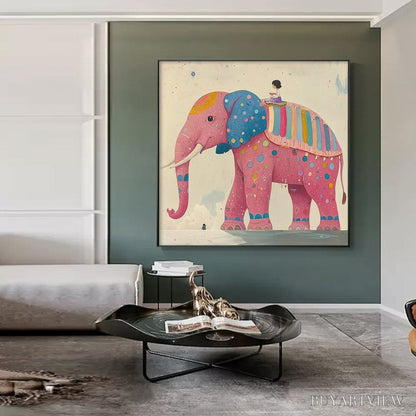 BUYARTVIEW Elephant Dreams – Whimsical Pink Elephant and Child Oil Painting - image 6
