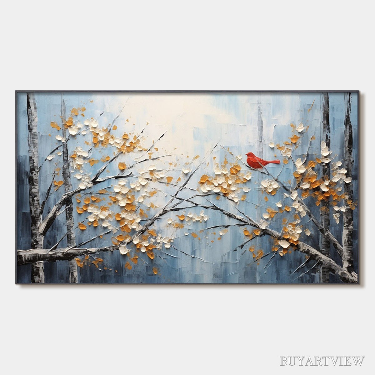 BUYARTVIEW Red Bird On Branches – Horizontal Impasto Painting, Bird on Blossoming Branches, Textured , Blue - image 1
