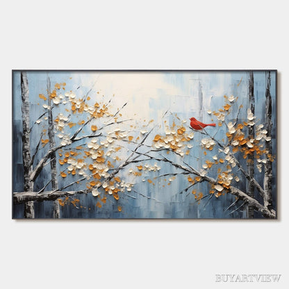 BUYARTVIEW Red Bird On Branches – Horizontal Impasto Painting, Bird on Blossoming Branches, Textured , Blue - image 1