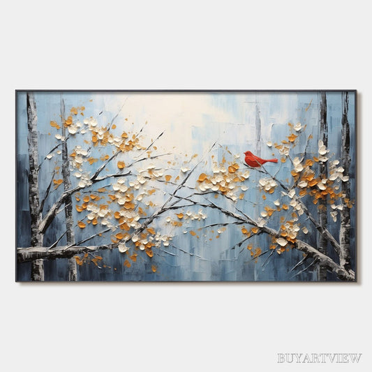 BUYARTVIEW Red Bird On Branches – Horizontal Impasto Painting, Bird on Blossoming Branches, Textured , Blue - image 1
