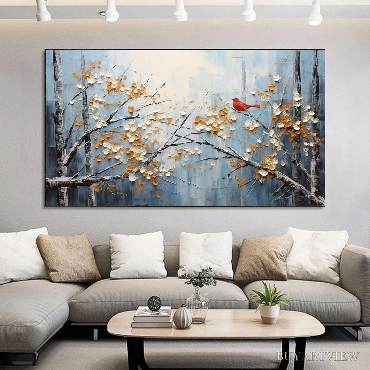 BUYARTVIEW Red Bird On Branches – Horizontal Impasto Painting, Bird on Blossoming Branches, Textured , Blue - image 2