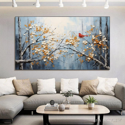 BUYARTVIEW Red Bird On Branches – Horizontal Impasto Painting, Bird on Blossoming Branches, Textured , Blue - image 2