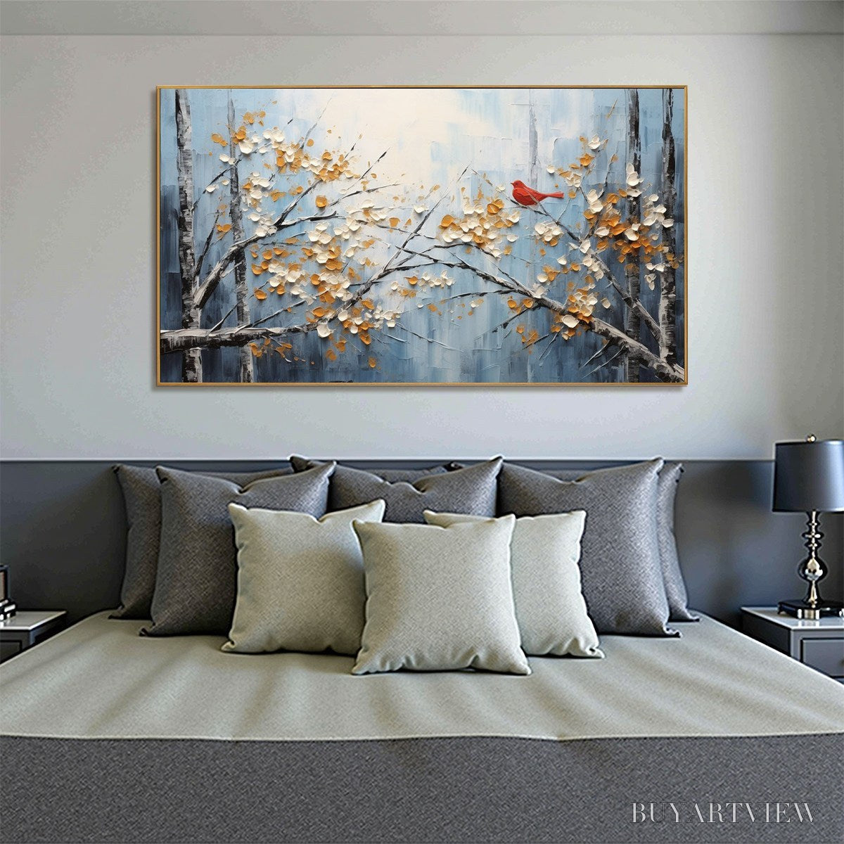 BUYARTVIEW Red Bird On Branches – Horizontal Impasto Painting, Bird on Blossoming Branches, Textured , Blue - image 4