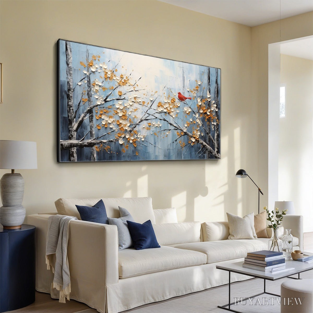 BUYARTVIEW Red Bird On Branches – Horizontal Impasto Painting, Bird on Blossoming Branches, Textured , Blue - image 5