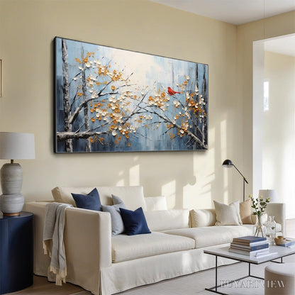 BUYARTVIEW Red Bird On Branches – Horizontal Impasto Painting, Bird on Blossoming Branches, Textured , Blue - image 5