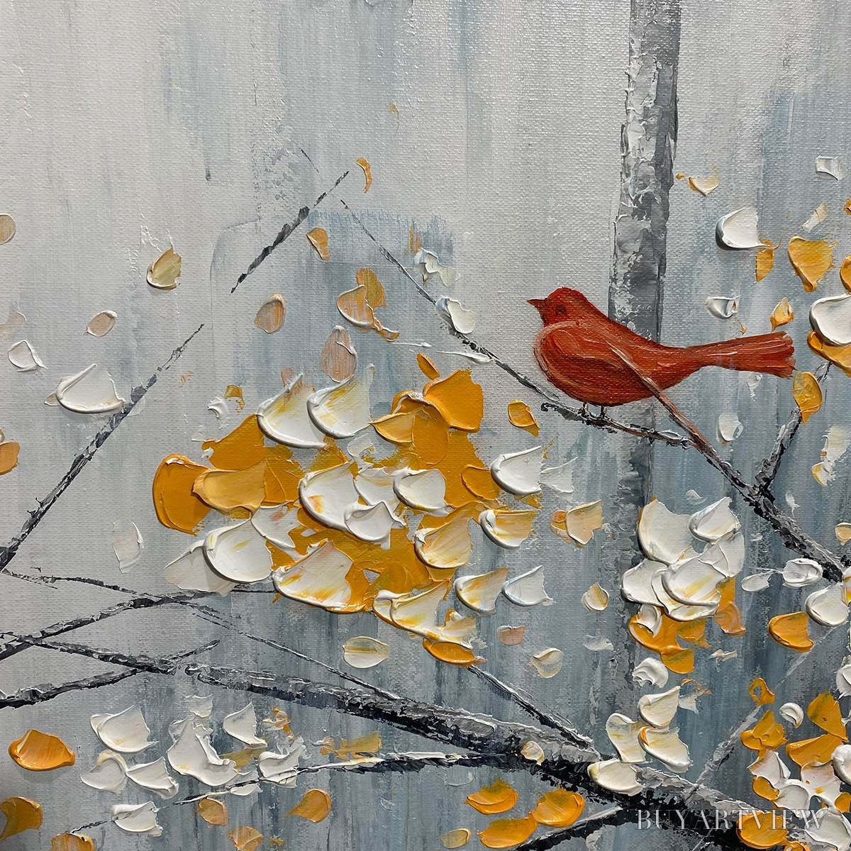 BUYARTVIEW Red Bird On Branches – Horizontal Impasto Painting, Bird on Blossoming Branches, Textured , Blue - image 6