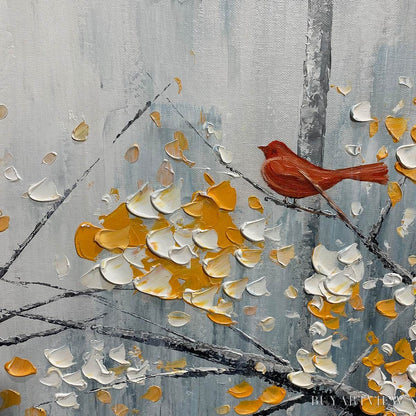 BUYARTVIEW Red Bird On Branches – Horizontal Impasto Painting, Bird on Blossoming Branches, Textured , Blue - image 6