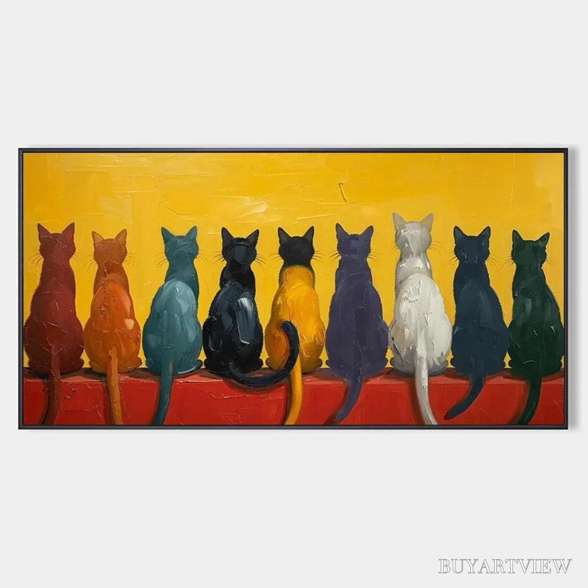 BUYARTVIEW Cats in A Row – Whimsical Cat Painting, Textured , Panoramic Canvas, Pet Decor - image 1
