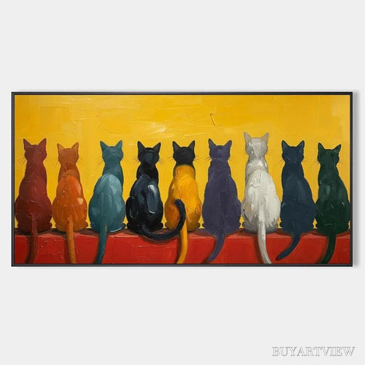BUYARTVIEW Cats in A Row – Whimsical Cat Painting, Textured , Panoramic Canvas, Pet Decor - image 1