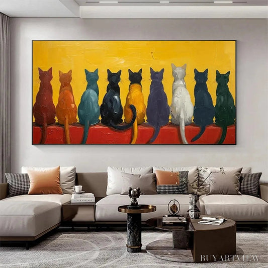 BUYARTVIEW Cats in A Row – Whimsical Cat Painting, Textured , Panoramic Canvas, Pet Decor - image 2