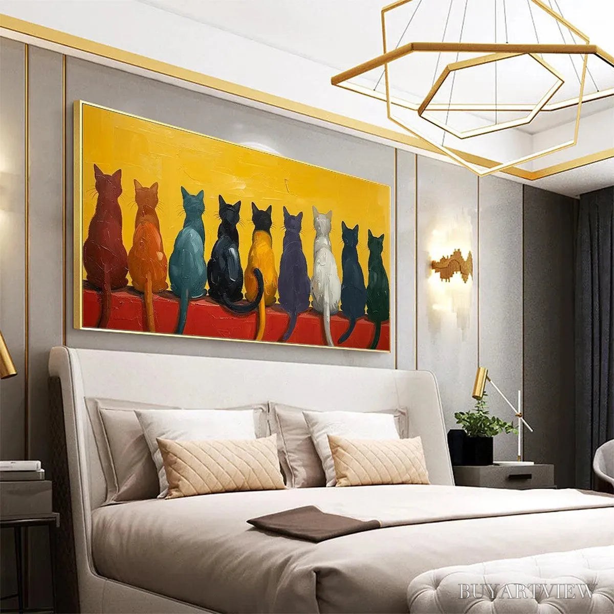 BUYARTVIEW Cats in A Row – Whimsical Cat Painting, Textured , Panoramic Canvas, Pet Decor - image 4