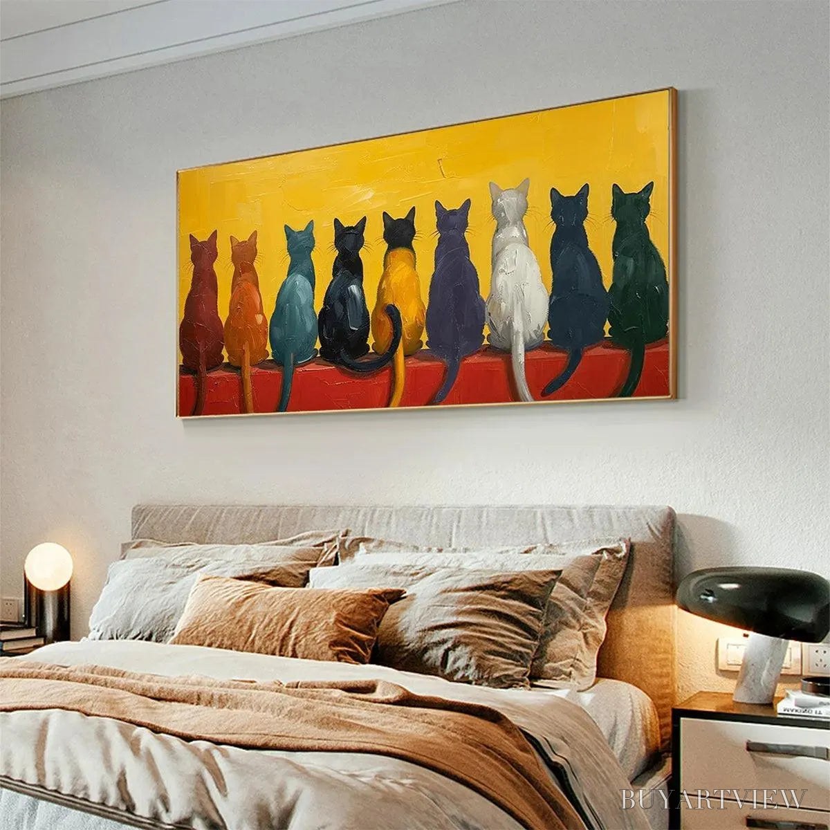 BUYARTVIEW Cats in A Row – Whimsical Cat Painting, Textured , Panoramic Canvas, Pet Decor - image 5