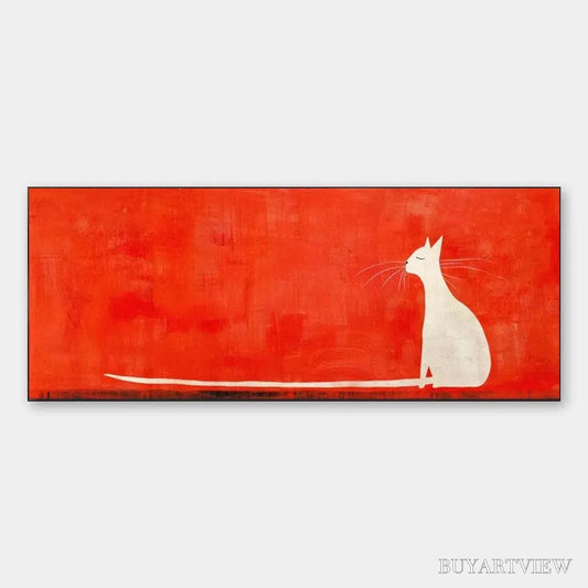 BUYARTVIEW Minimalist Cat On Red Panoramic – Cat Painting, Panoramic , Minimalist Decor - image 1