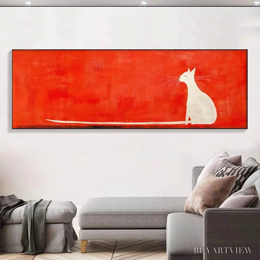 BUYARTVIEW Minimalist Cat On Red Panoramic – Cat Painting, Panoramic , Minimalist Decor - image 2