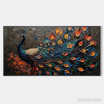 BUYARTVIEW Majestic Plumage – Textured Peacock Painting, Impasto , Horizontal Canvas, Animal Decor - image 1