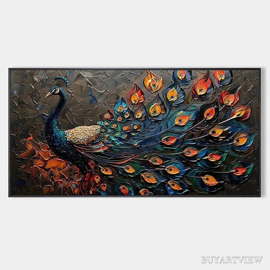 BUYARTVIEW Majestic Plumage – Textured Peacock Painting, Impasto , Horizontal Canvas, Animal Decor - image 1
