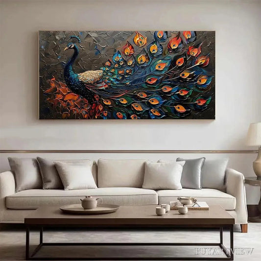 BUYARTVIEW Majestic Plumage – Textured Peacock Painting, Impasto , Horizontal Canvas, Animal Decor - image 2