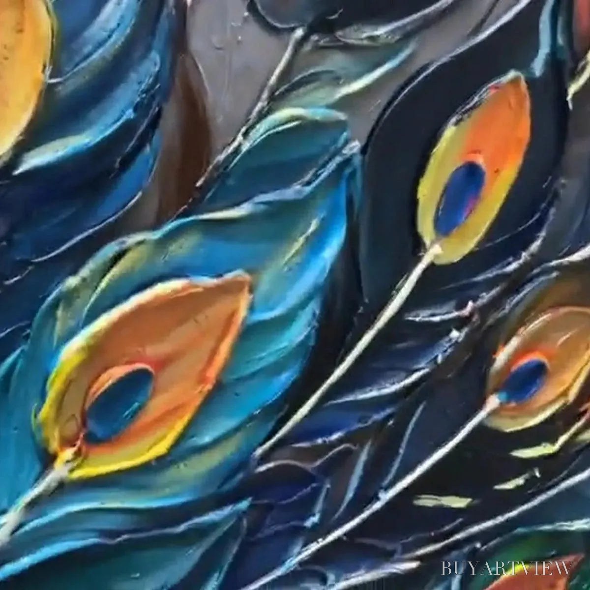 BUYARTVIEW Majestic Plumage – Textured Peacock Painting, Impasto , Horizontal Canvas, Animal Decor - image 3