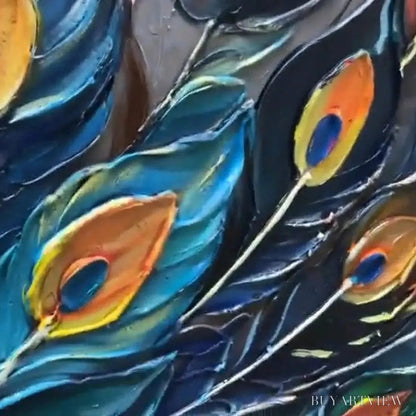 BUYARTVIEW Majestic Plumage – Textured Peacock Painting, Impasto , Horizontal Canvas, Animal Decor - image 3