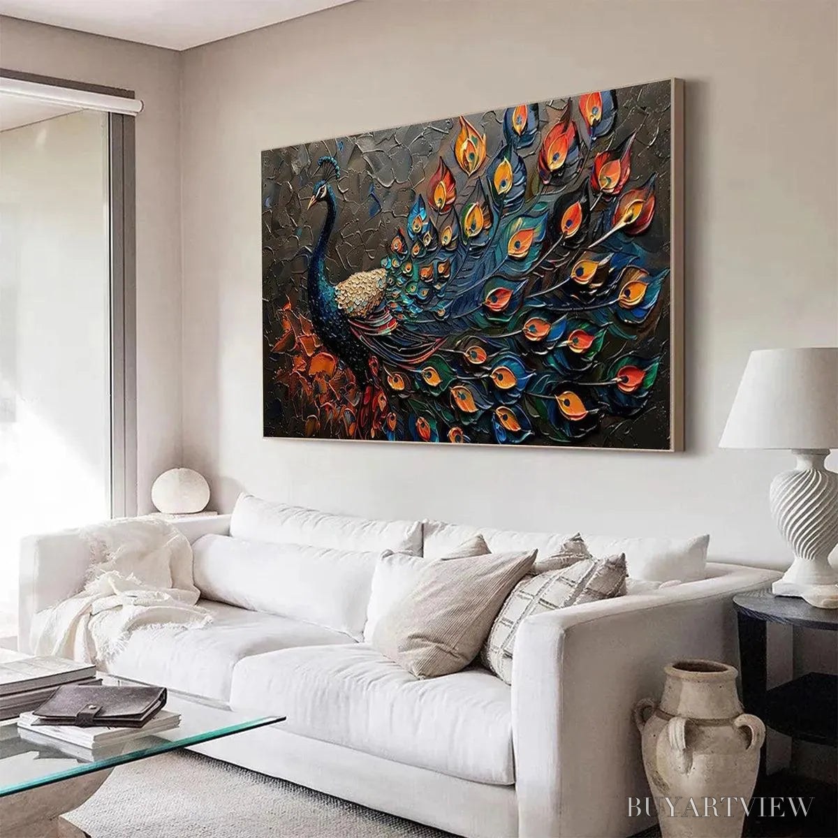 BUYARTVIEW Majestic Plumage – Textured Peacock Painting, Impasto , Horizontal Canvas, Animal Decor - image 4