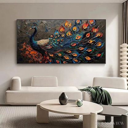 BUYARTVIEW Majestic Plumage – Textured Peacock Painting, Impasto , Horizontal Canvas, Animal Decor - image 5