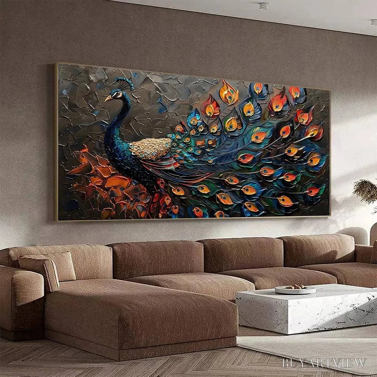 BUYARTVIEW Majestic Plumage – Textured Peacock Painting, Impasto , Horizontal Canvas, Animal Decor - image 6