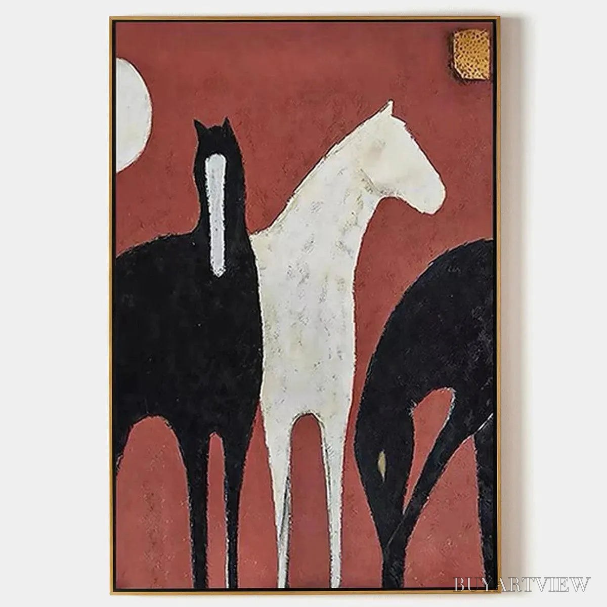 BUYARTVIEW Three Horses On Red – Minimalist Horse Painting, Vertical - image 1