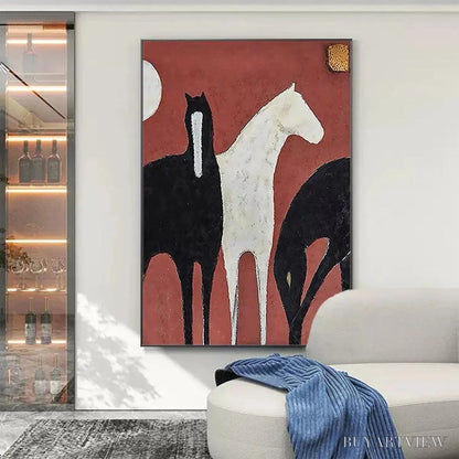 BUYARTVIEW Three Horses On Red – Minimalist Horse Painting, Vertical - image 2