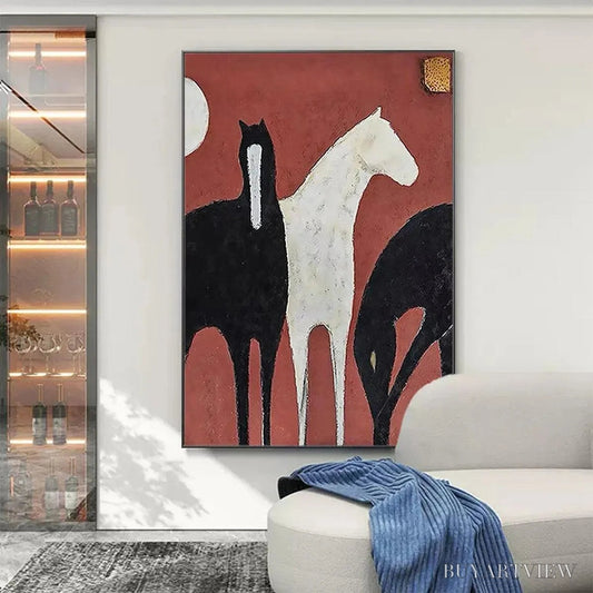 BUYARTVIEW Three Horses On Red – Minimalist Horse Painting, Vertical - image 2