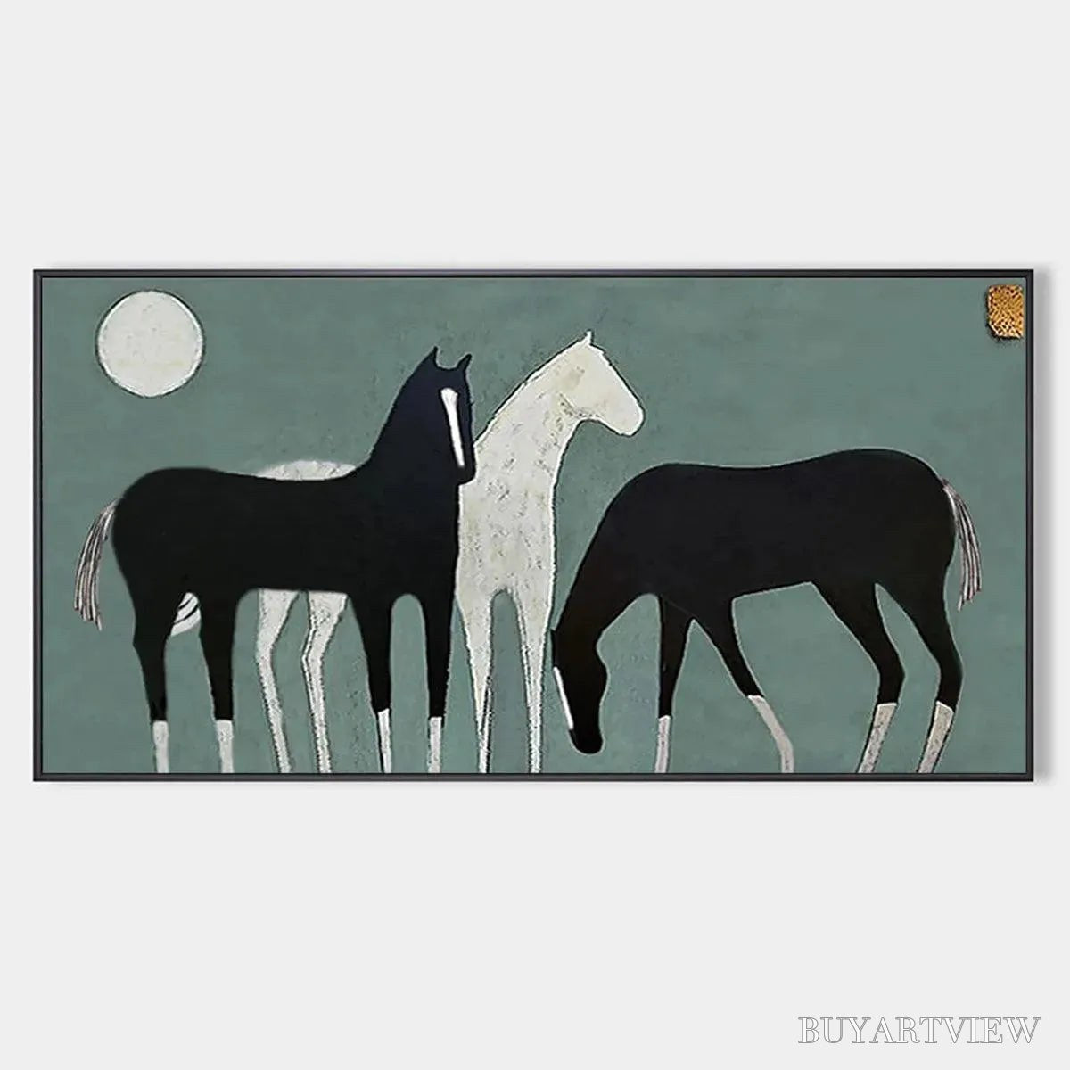 BUYARTVIEW Three Horses Under the Moon – Minimalist Horse Painting, Panoramic - image 1